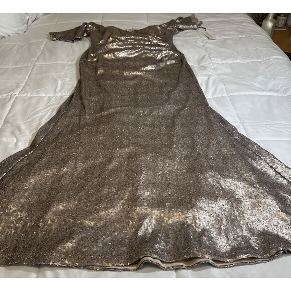 Calvin Klein Gold Sequin Off Shoulder Flutter Sleeve Gown Gathered Waist $298 - Picture 2 of 16